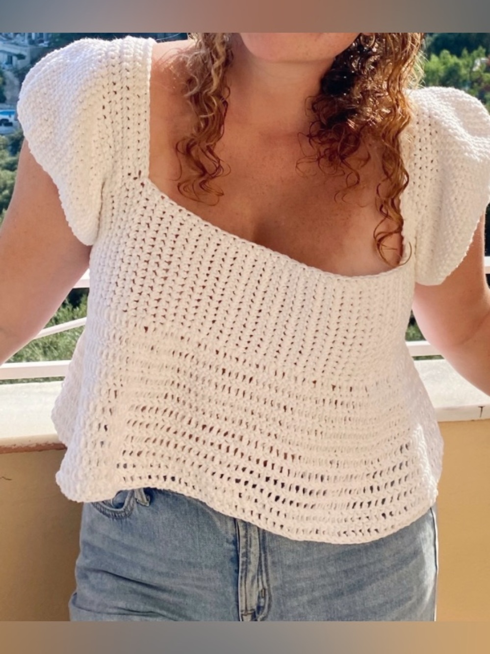 White Handmade Crochet Square Neck Top